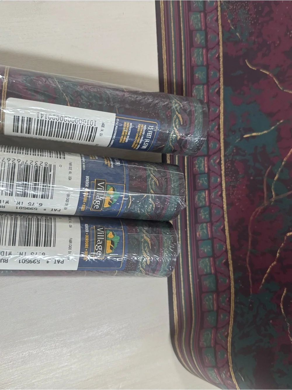 villager Marble Border Wallpaper Roll-Green & Burgundy with Gold Accents vintage